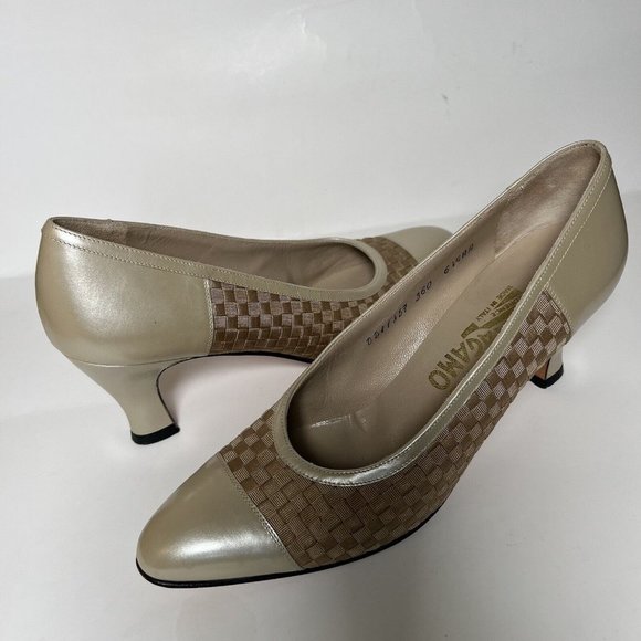 Salvatore Ferragamo Cream and Tan Woven Heels - Picture 1 of 16